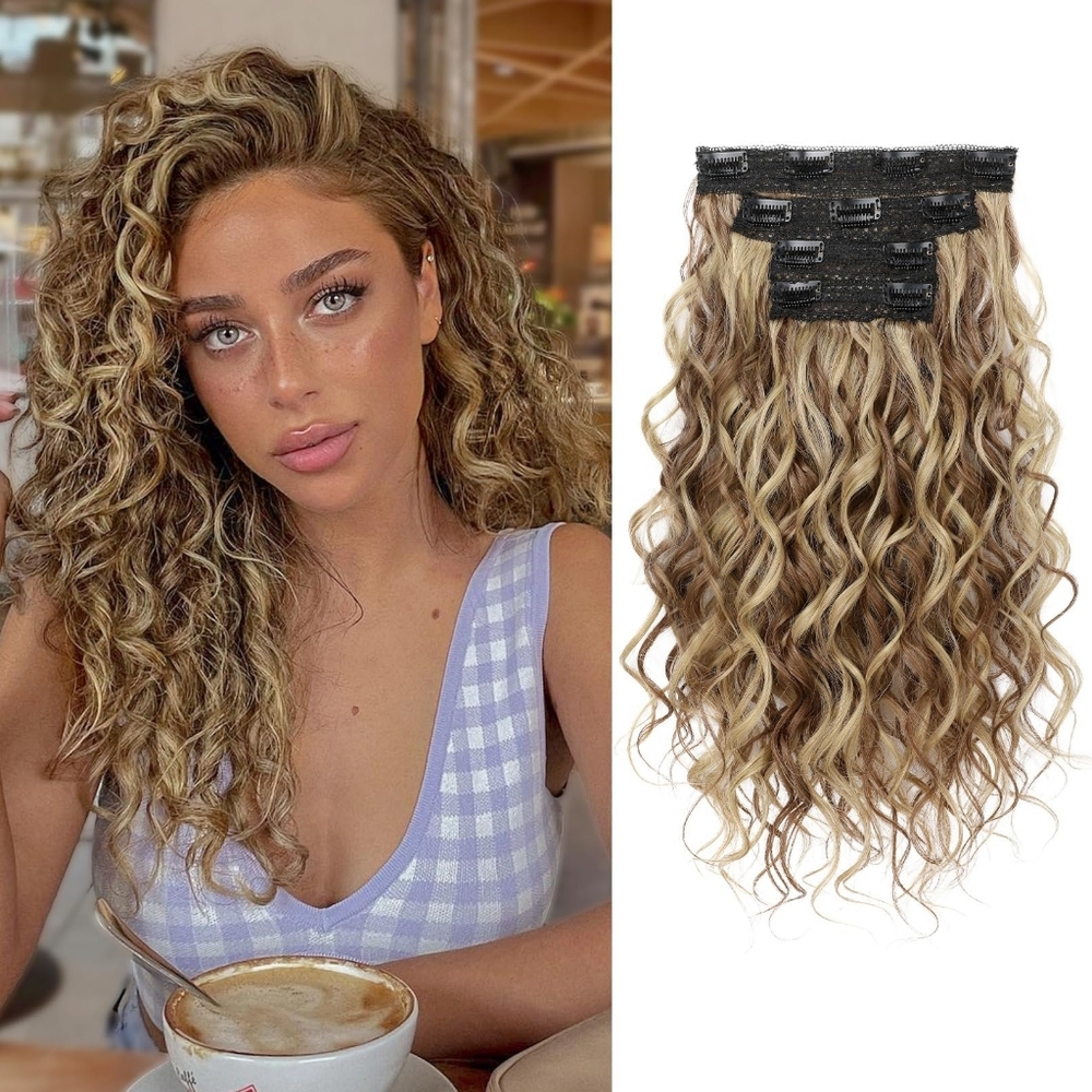 16” Curly Clip-In Hair Extensions — 4PCS Brown w/ Blonde Highlights